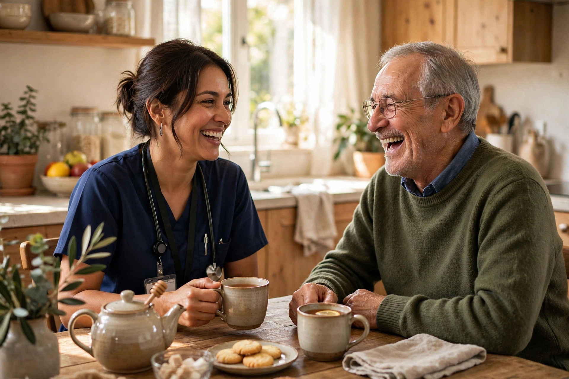 A caregiver and senior sharing a warm moment over tea