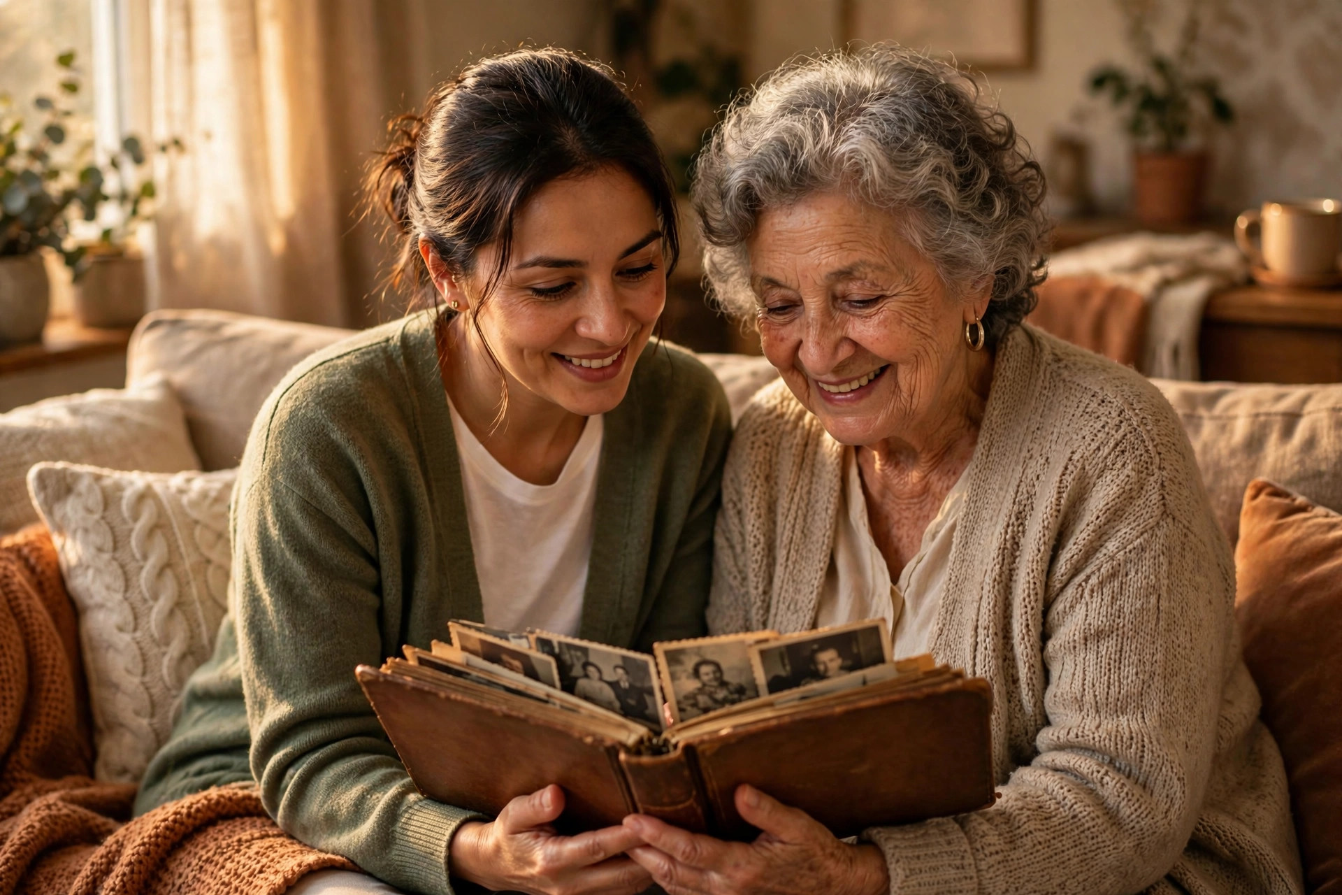 A caregiver looking at family photos with a senior