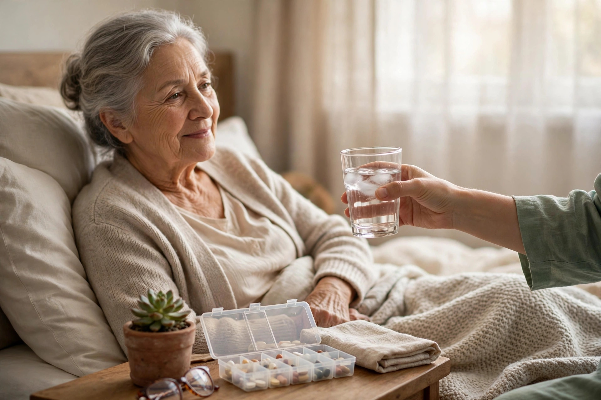 A caregiver offering a glass of water at a senior's bedside