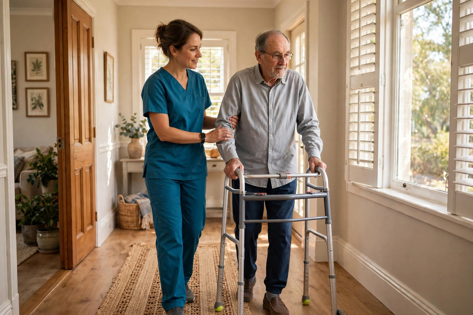 A caregiver helping a senior walk safely at home after surgery