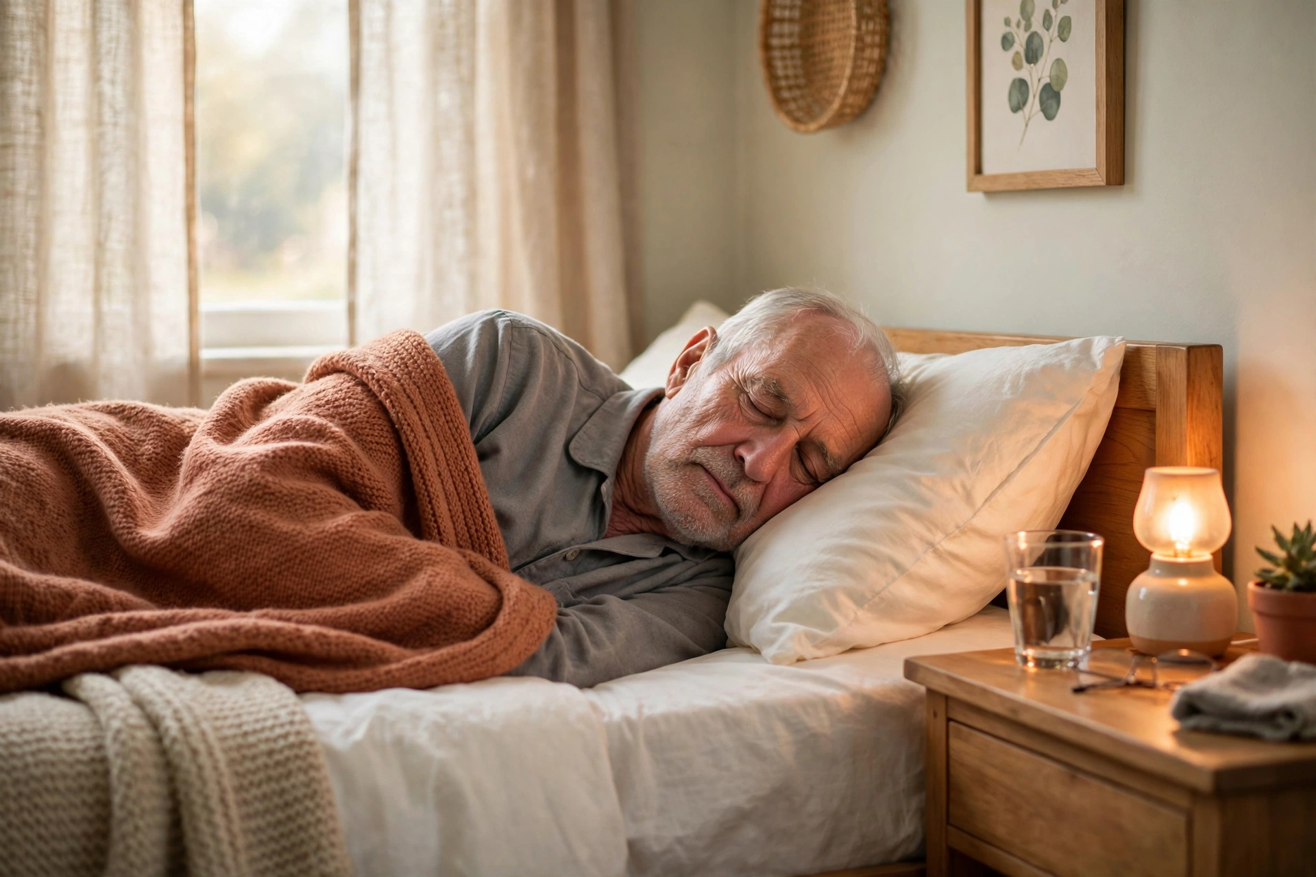 Senior man sleeping peacefully in a cozy bedroom at home with a night-light, illustrating healthy senior sleep routines