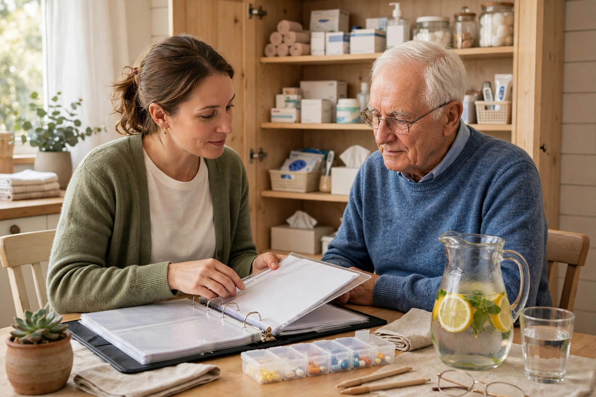 Caregiver organizing a care binder and medication list with a senior man at his kitchen table at home