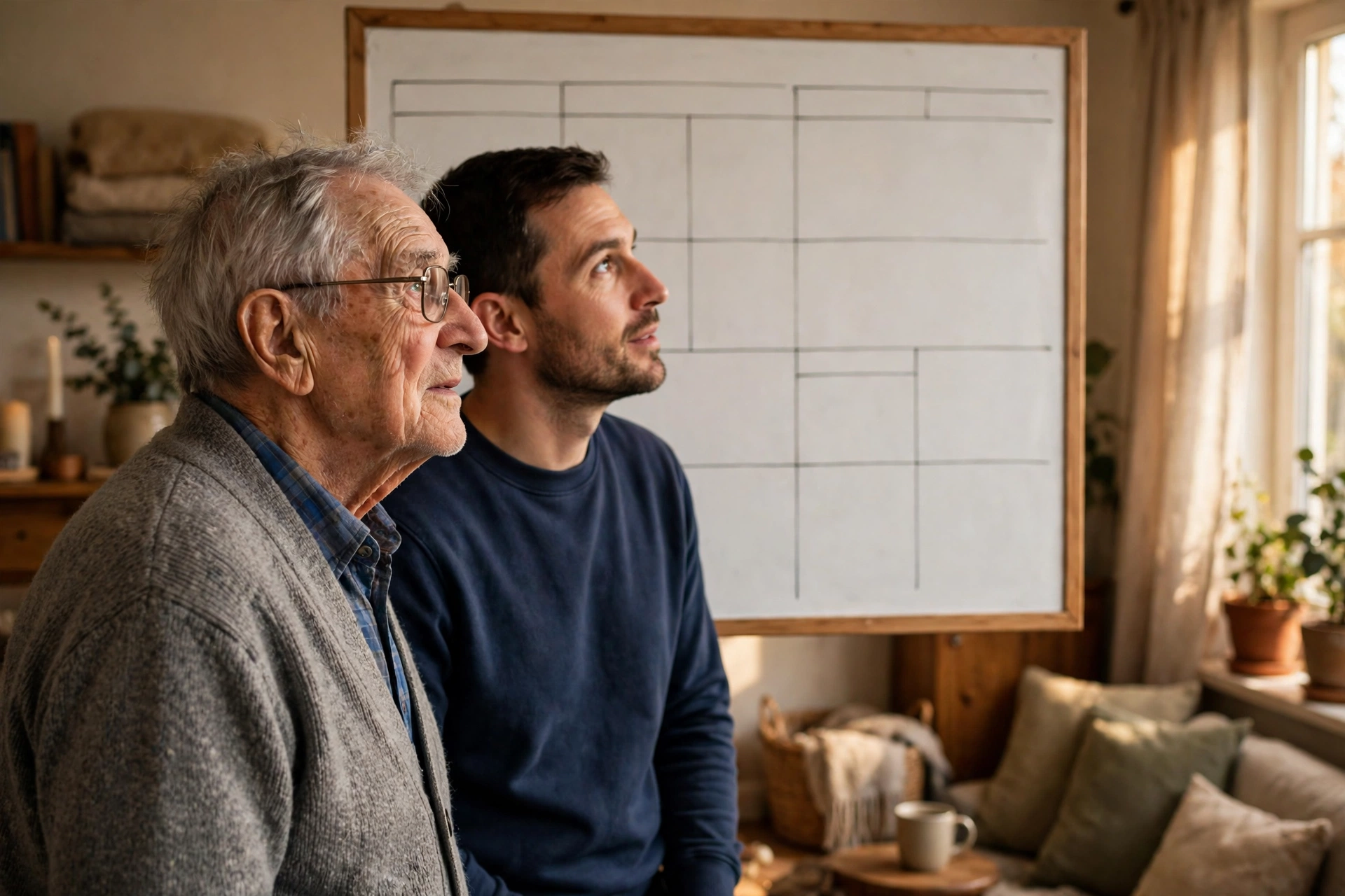 Senior man and caregiver reviewing a simple daily routine plan on a whiteboard at home