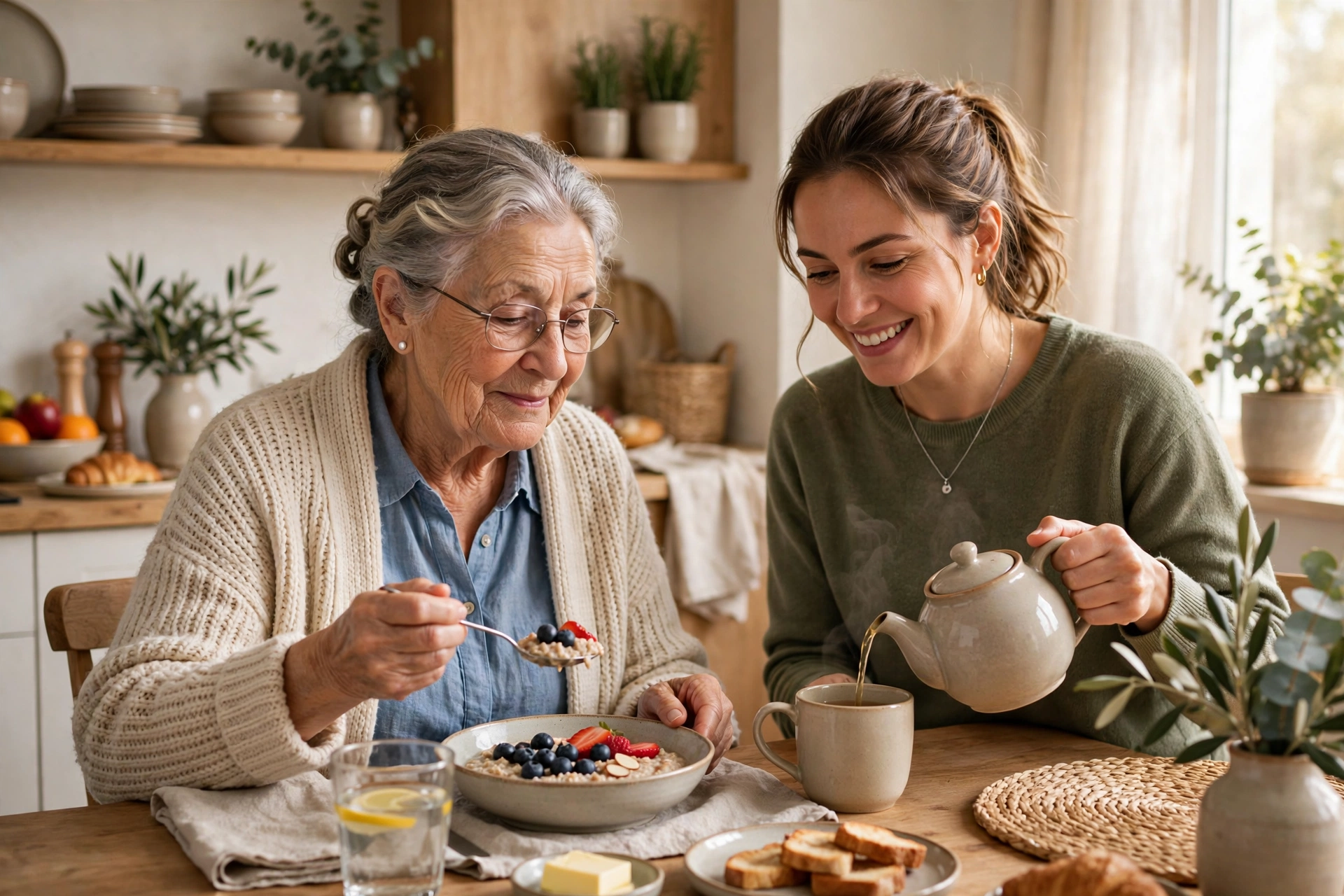 Senior woman enjoying a calm morning breakfast routine at home with her caregiver