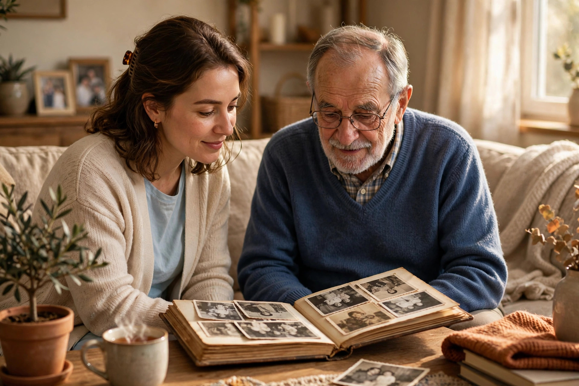Caregiver sharing family photo memories in the living room with an elderly man during Alzheimer's care at home