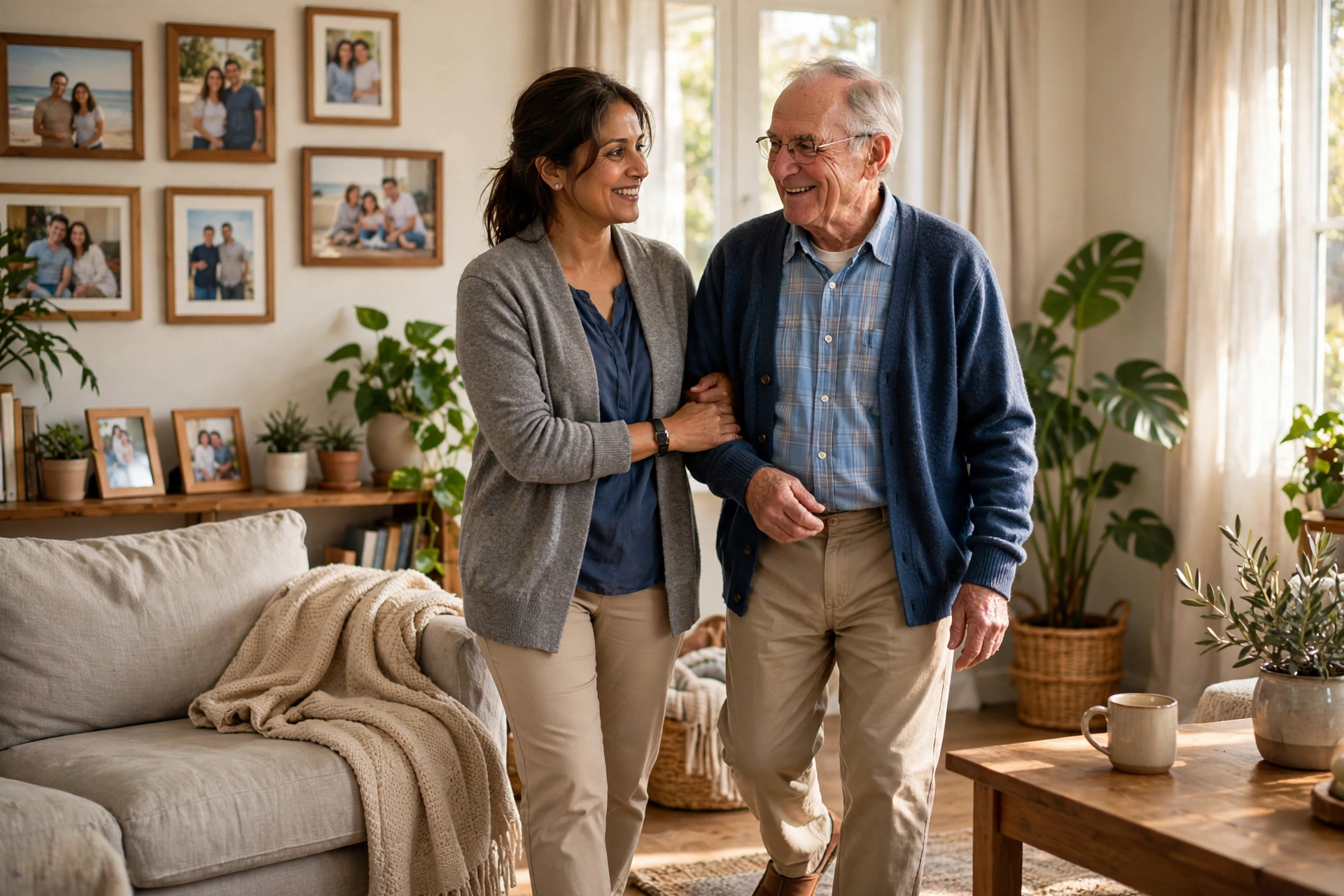 A professional caregiver walking arm in arm with a smiling elderly man in a bright living room during respite care at home