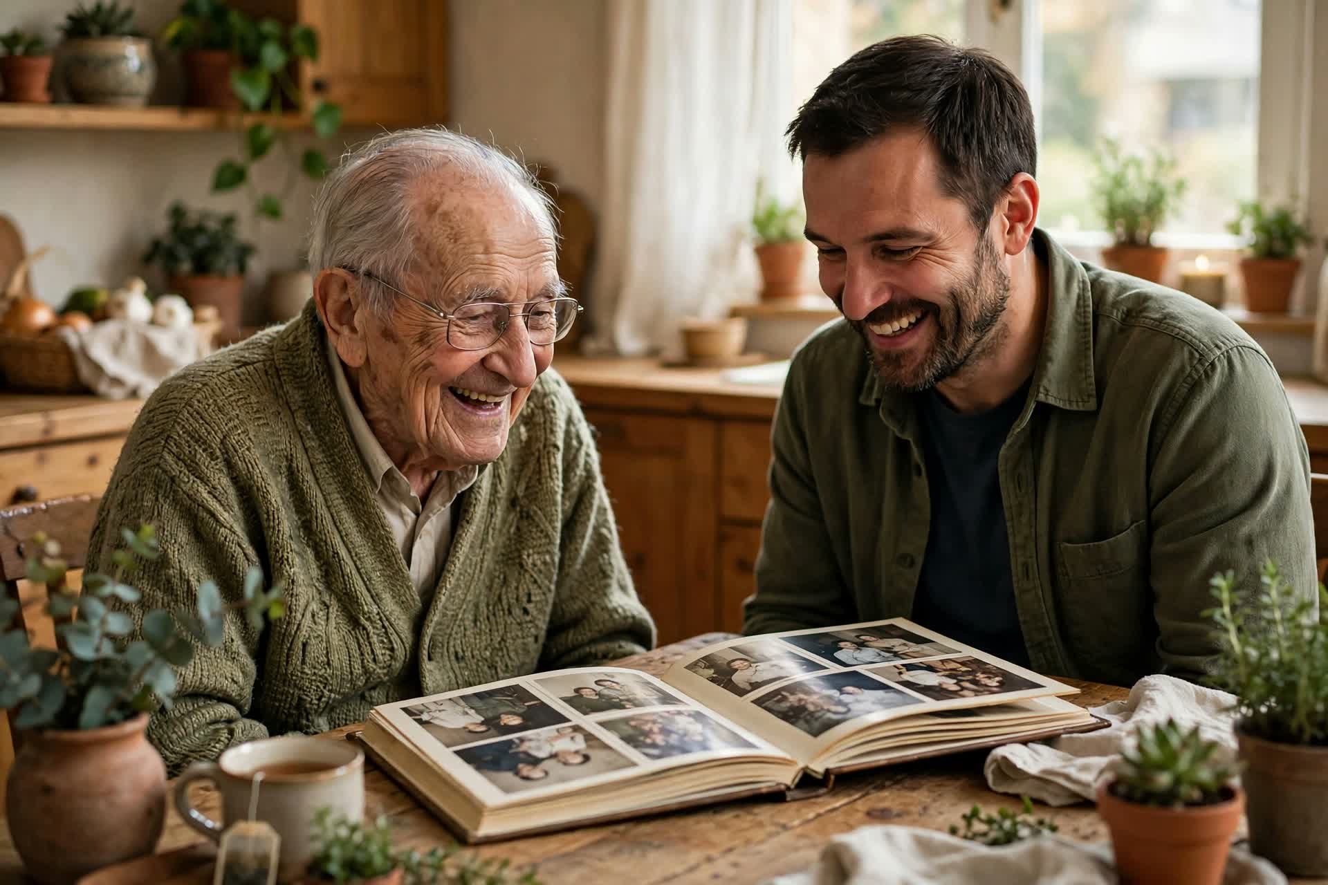 Elderly man and caregiver laughing together over a family photo album at a kitchen table at home
