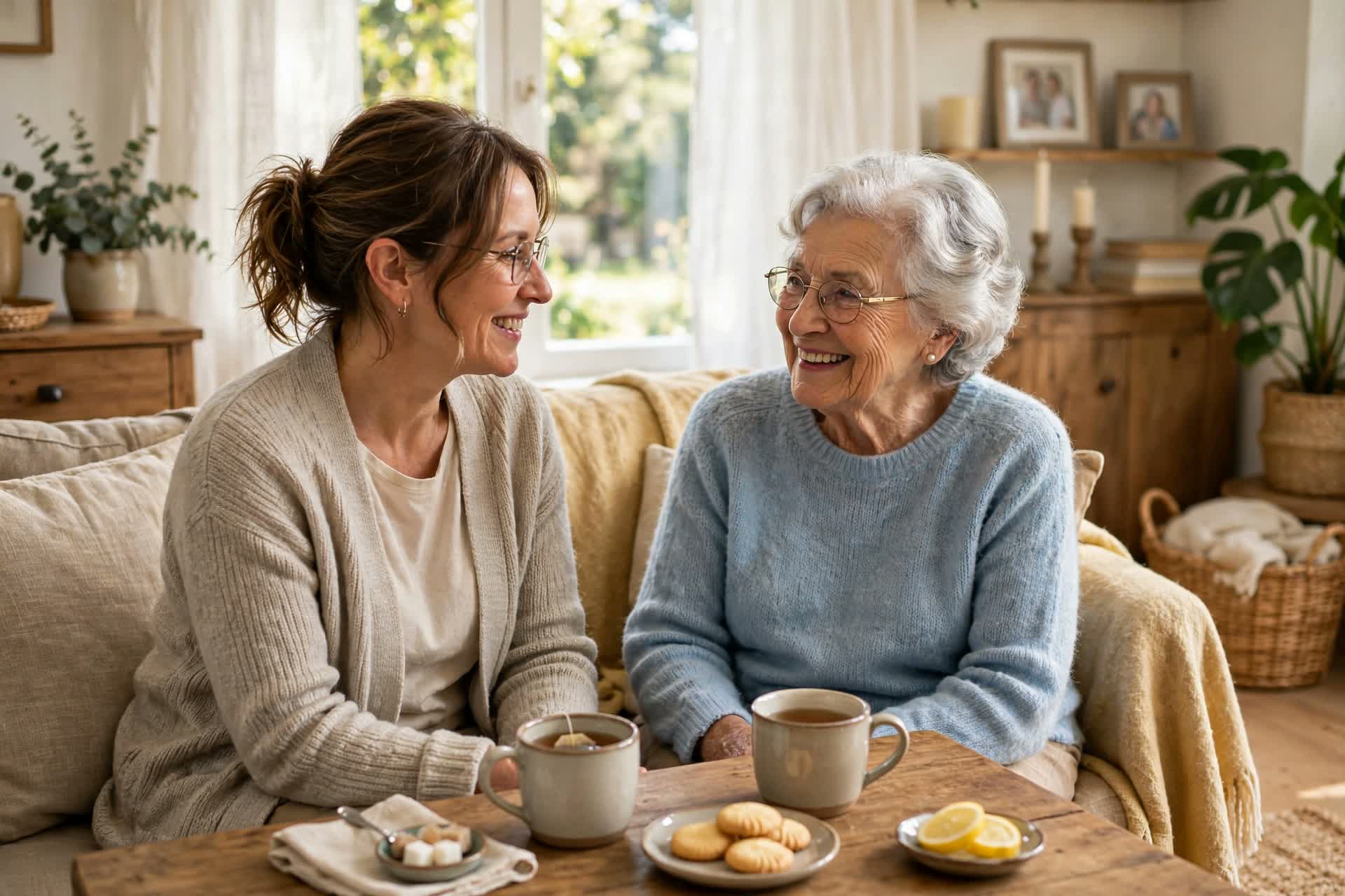 Caregiver sharing tea and conversation with a smiling senior woman in a bright living room at home