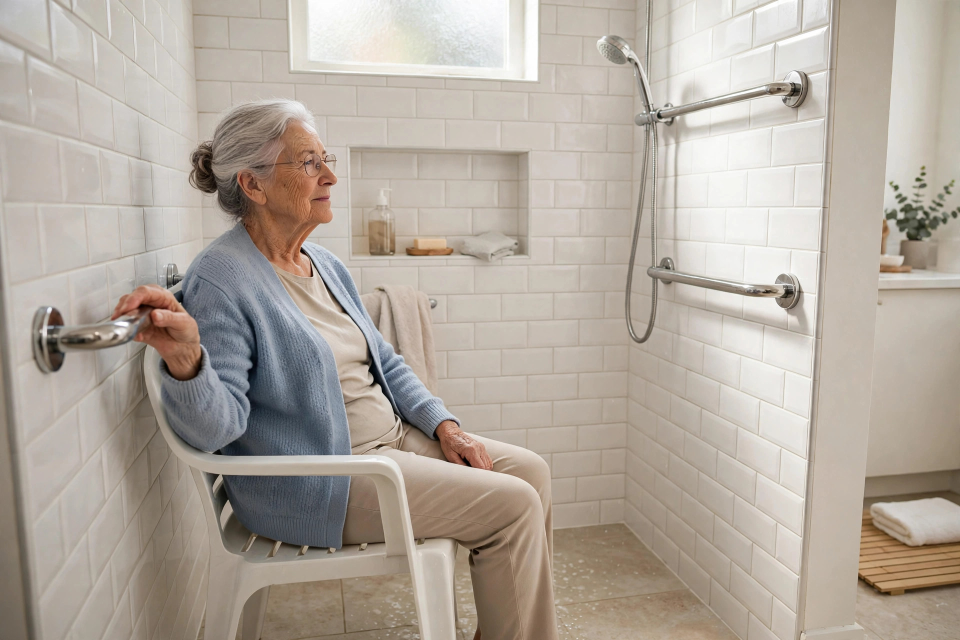 A senior seated safely on a shower chair holding a grab bar in a bright bathroom