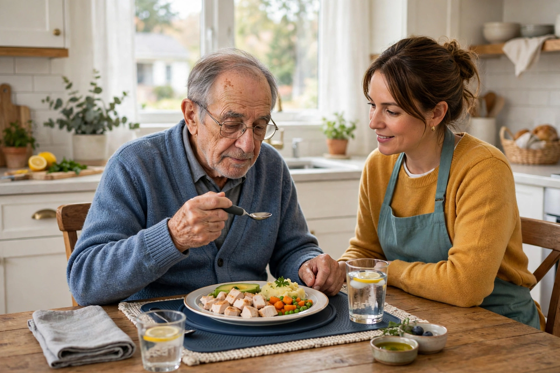 Caregiver sitting with an elderly man with Parkinson's at a calm kitchen table during lunch at home