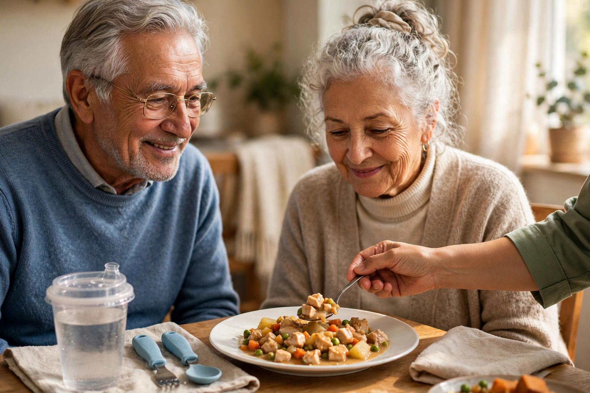 Elderly couple sharing a relaxed meal at home with easy-grip utensils for Parkinson's care