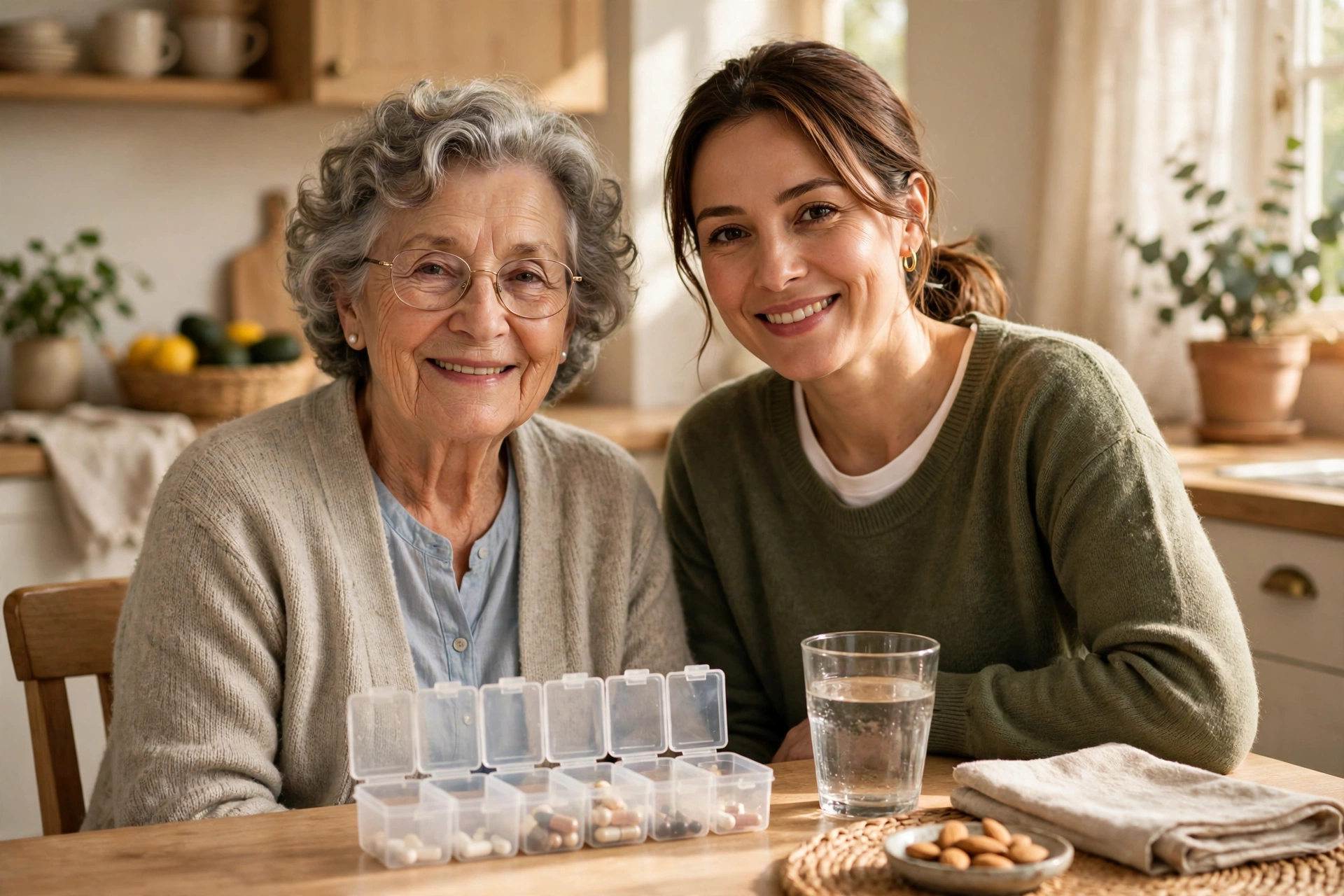A senior woman and her caregiver smiling at a kitchen table with a weekly pill organizer and a glass of water, for medication reminders at home