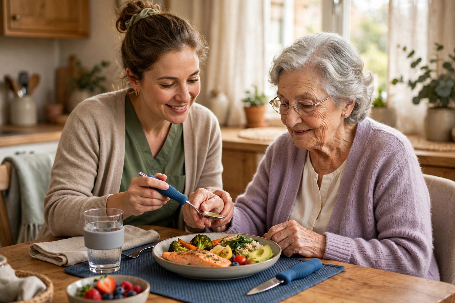 Caregiver supporting an elderly woman during a calm mealtime at home as part of Parkinson's care