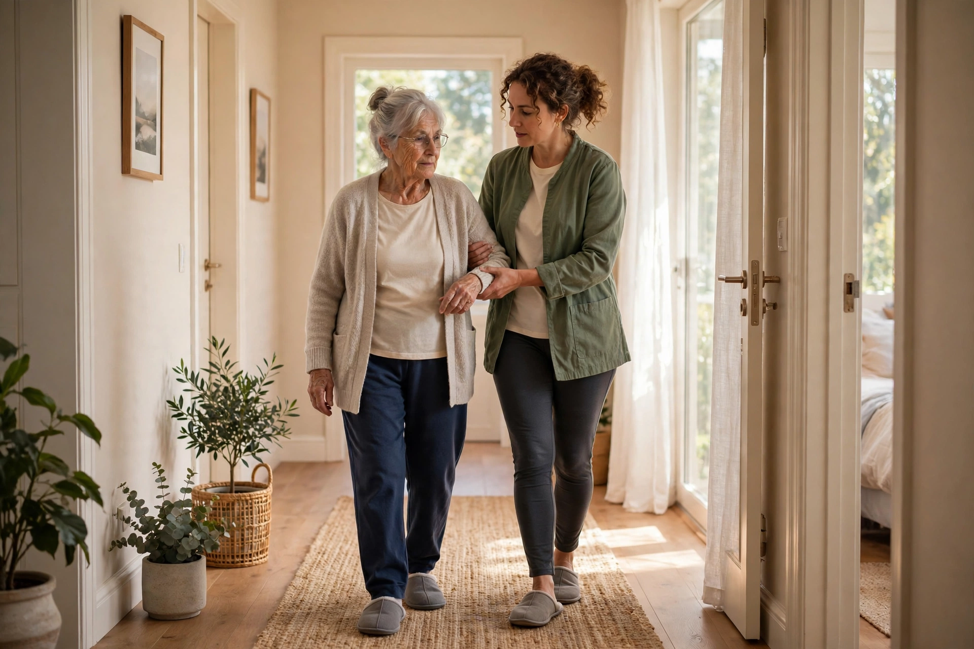 Senior woman recovering at home walking slowly down a bright hallway with a caregiver supporting her arm