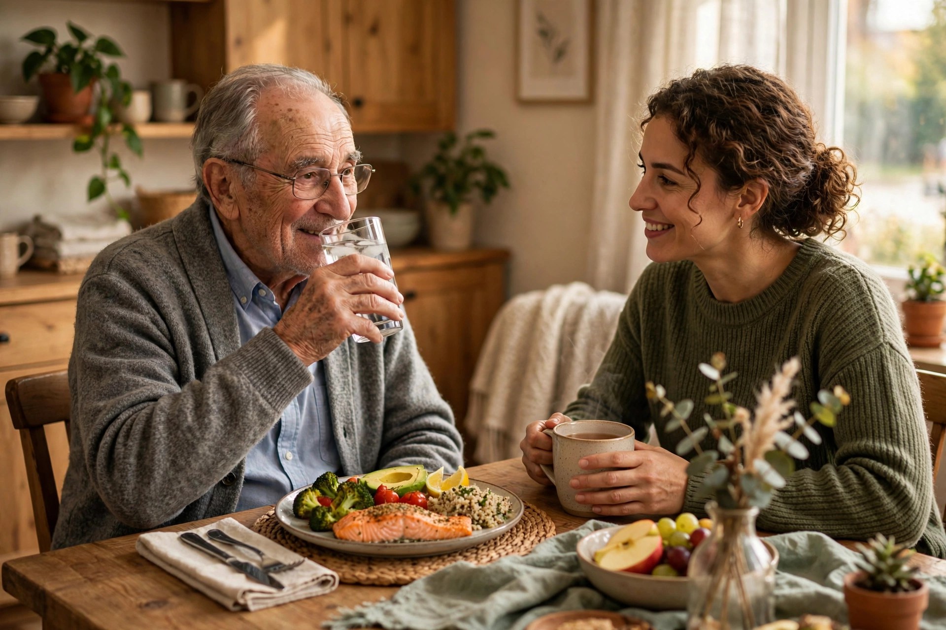 Senior man drinking a glass of water over a balanced meal at home with his caregiver, senior hydration support