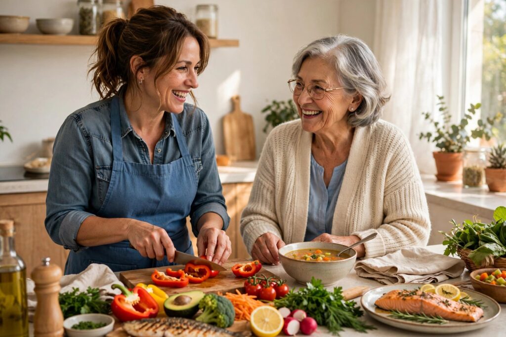 Caregiver and senior woman preparing a healthy lunch together in a bright home kitchen, senior nutrition at home